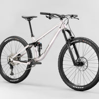 White and black full-suspension mountain bike with front suspension fork