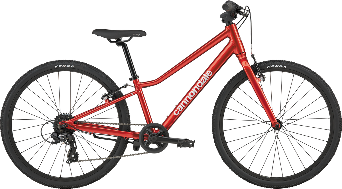 Kids Quick 20 bike, metallic red frame with black seat and disc brakes