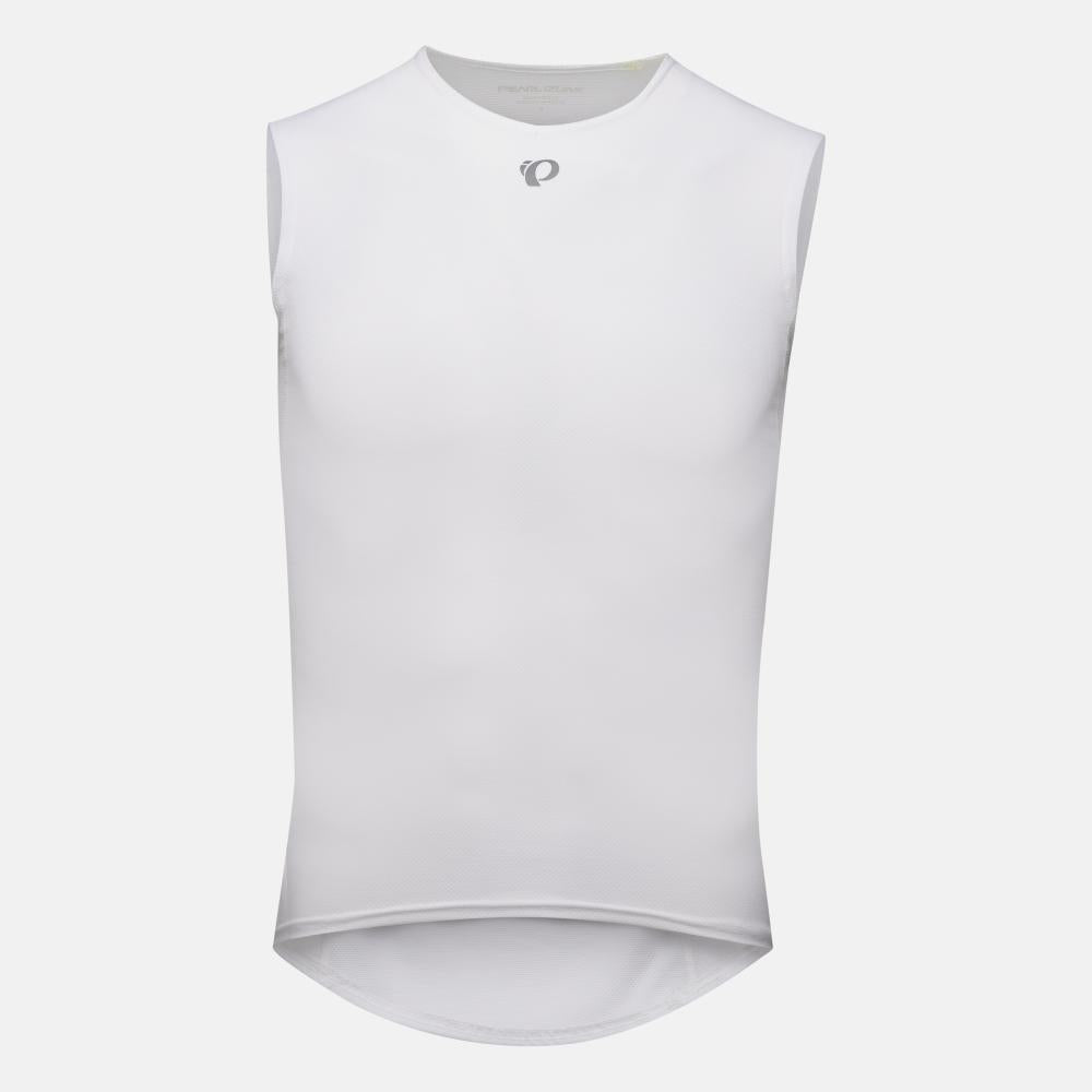 White men's sleeveless mesh base layer with small chest logo