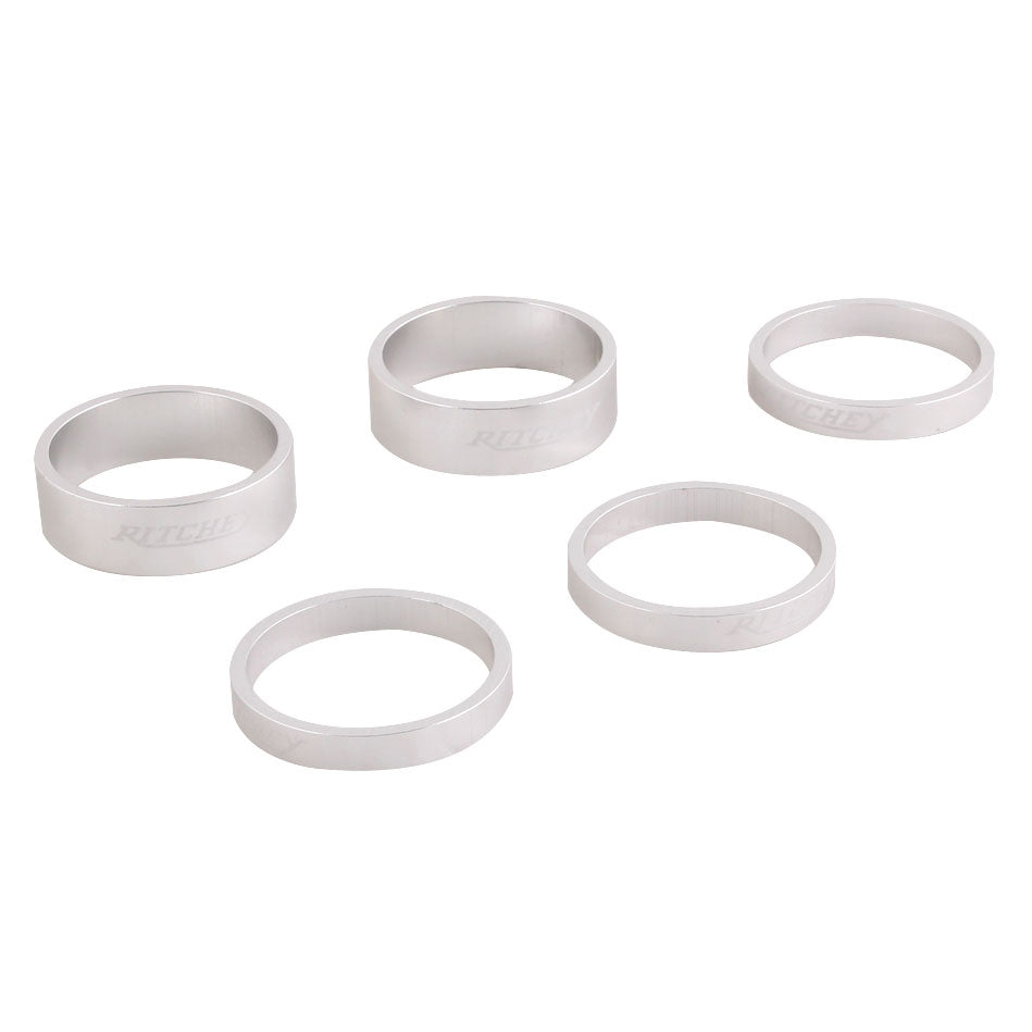 Classic Headset Spacers - 1-1/8" 10mm (x2) 5 mm (x3) Silver - Bicycle Warehouse