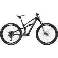 Dark carbon full-suspension mountain bike with disc brakes, wide tires