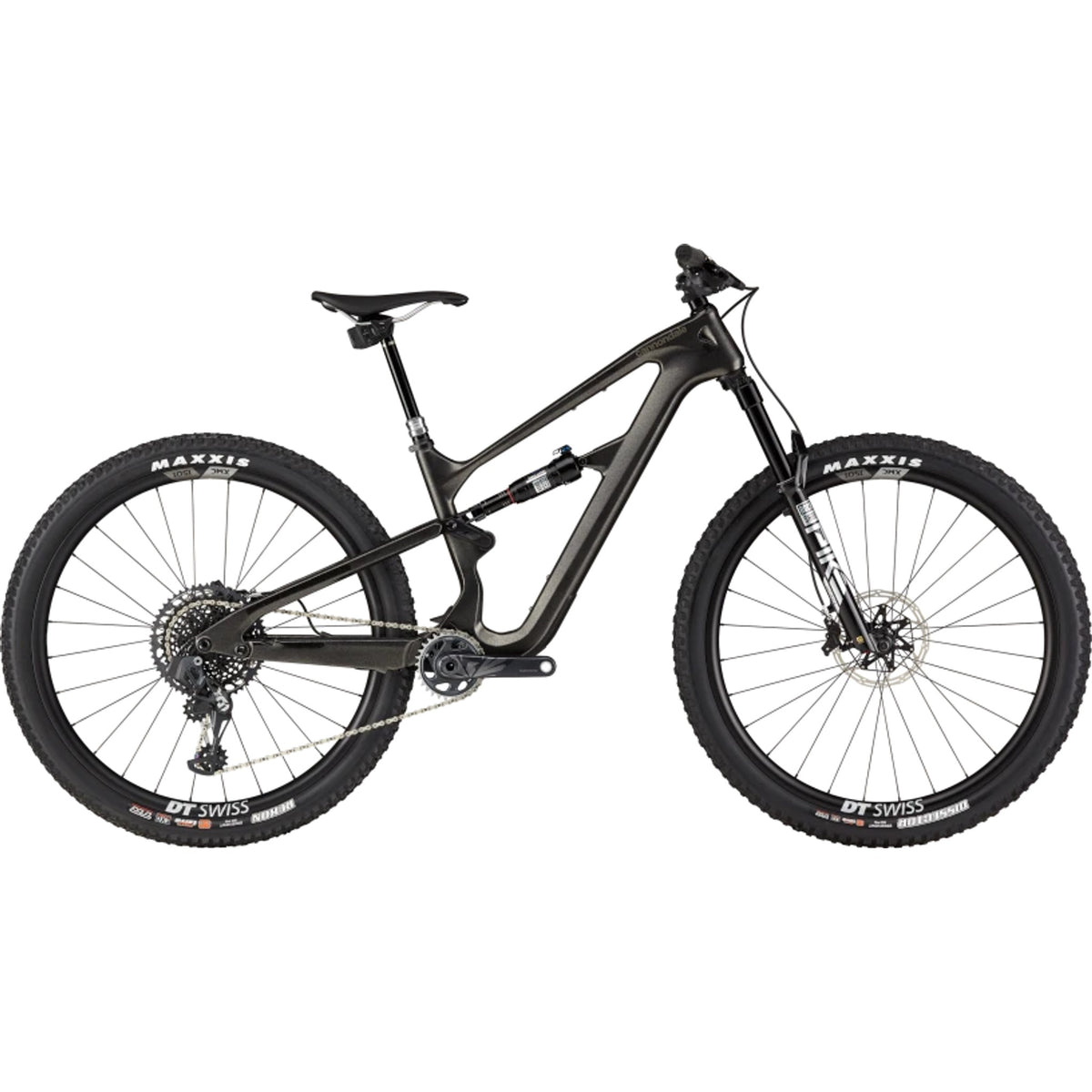 Dark carbon full-suspension mountain bike with disc brakes, wide tires