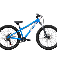 Storm 24 blue mountain bike with front suspension fork, knobby tires, and disc brakes