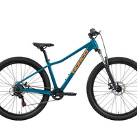 26 in mountain bike with teal frame, black fork, knobby tires, disc brakes