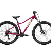 26 in mountain bike with magenta frame, black fork, knobby tires, disc brakes