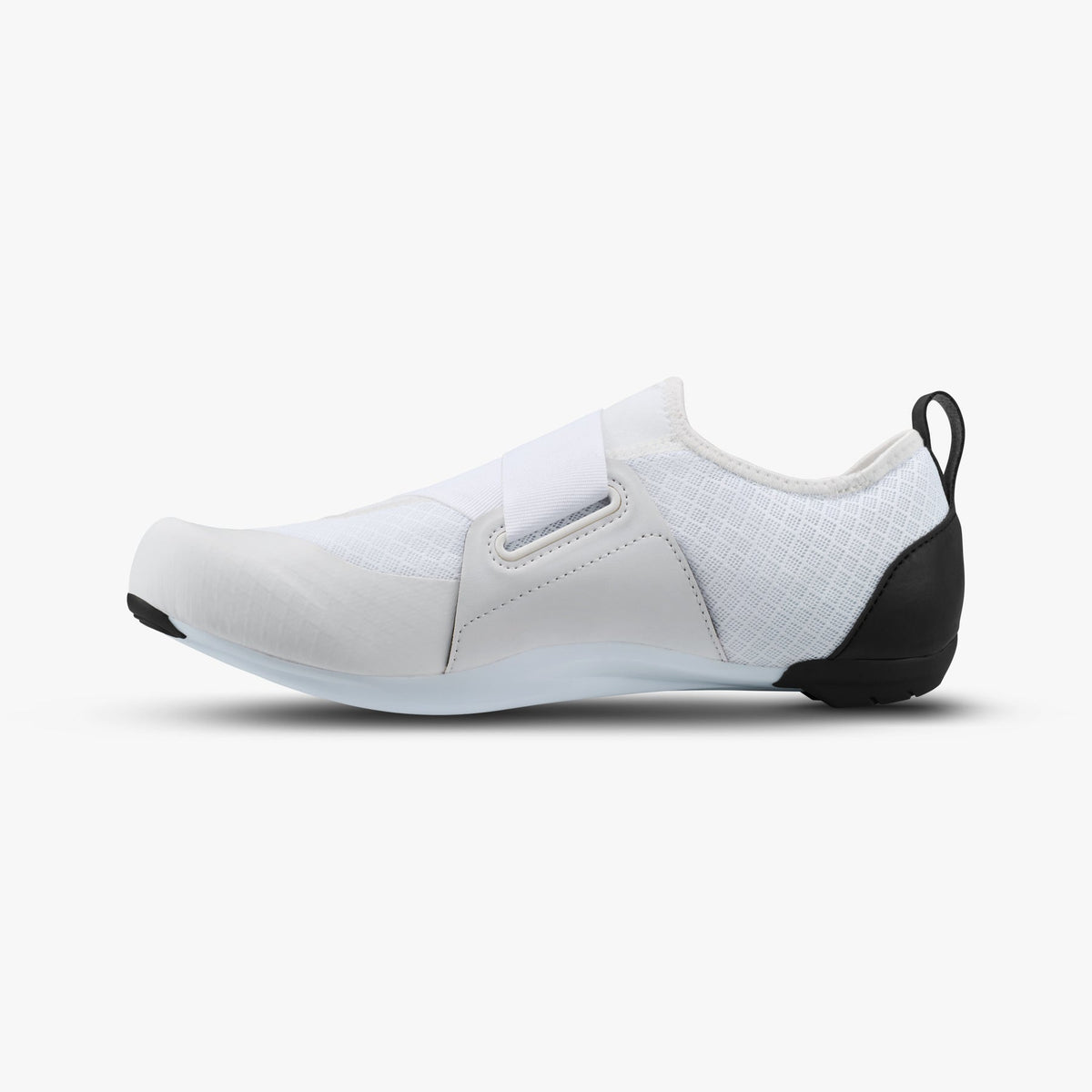 Side view of a white Shimano women's cycling shoe with a hook-and-loop strap and black heel