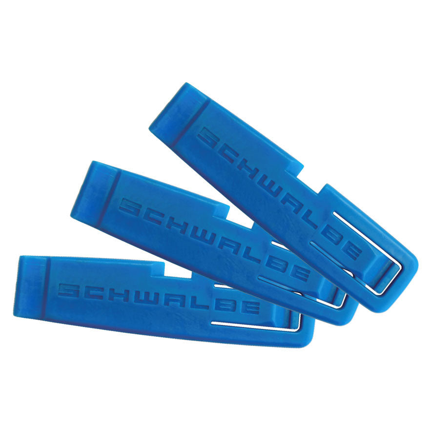 Three blue plastic tire levers with curved prying tips and locking hooks.