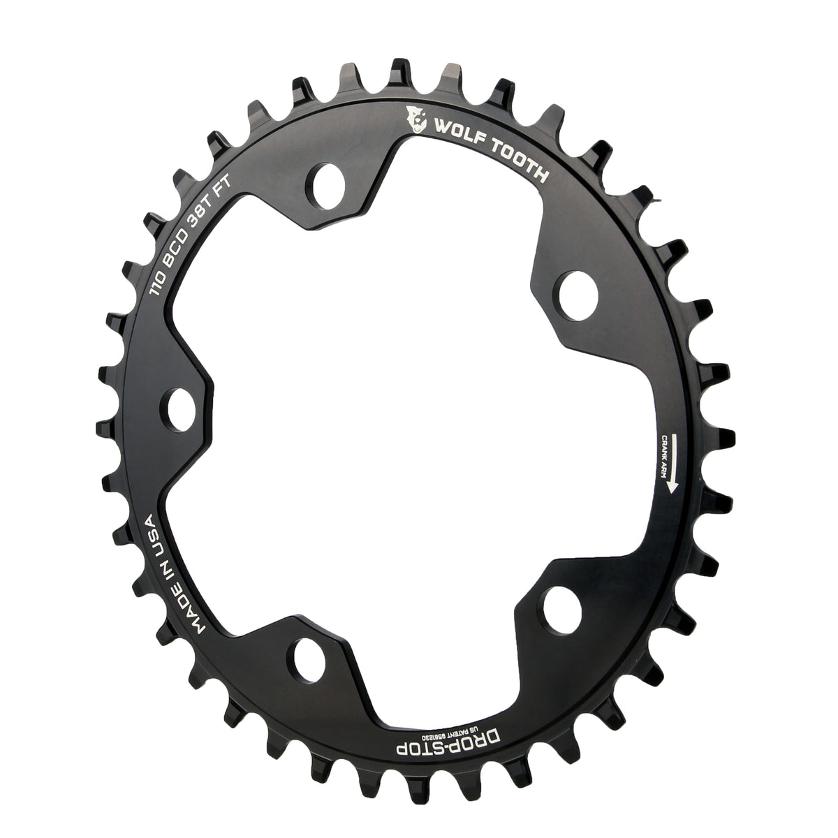 Wolf Tooth 110 BCD Cyclocross Road Chainring - 38t 110 BCD 5-Bolt Drop-Stop 10/11/12-Speed Eagle Flattop Compatible BLK - Bicycle Warehouse