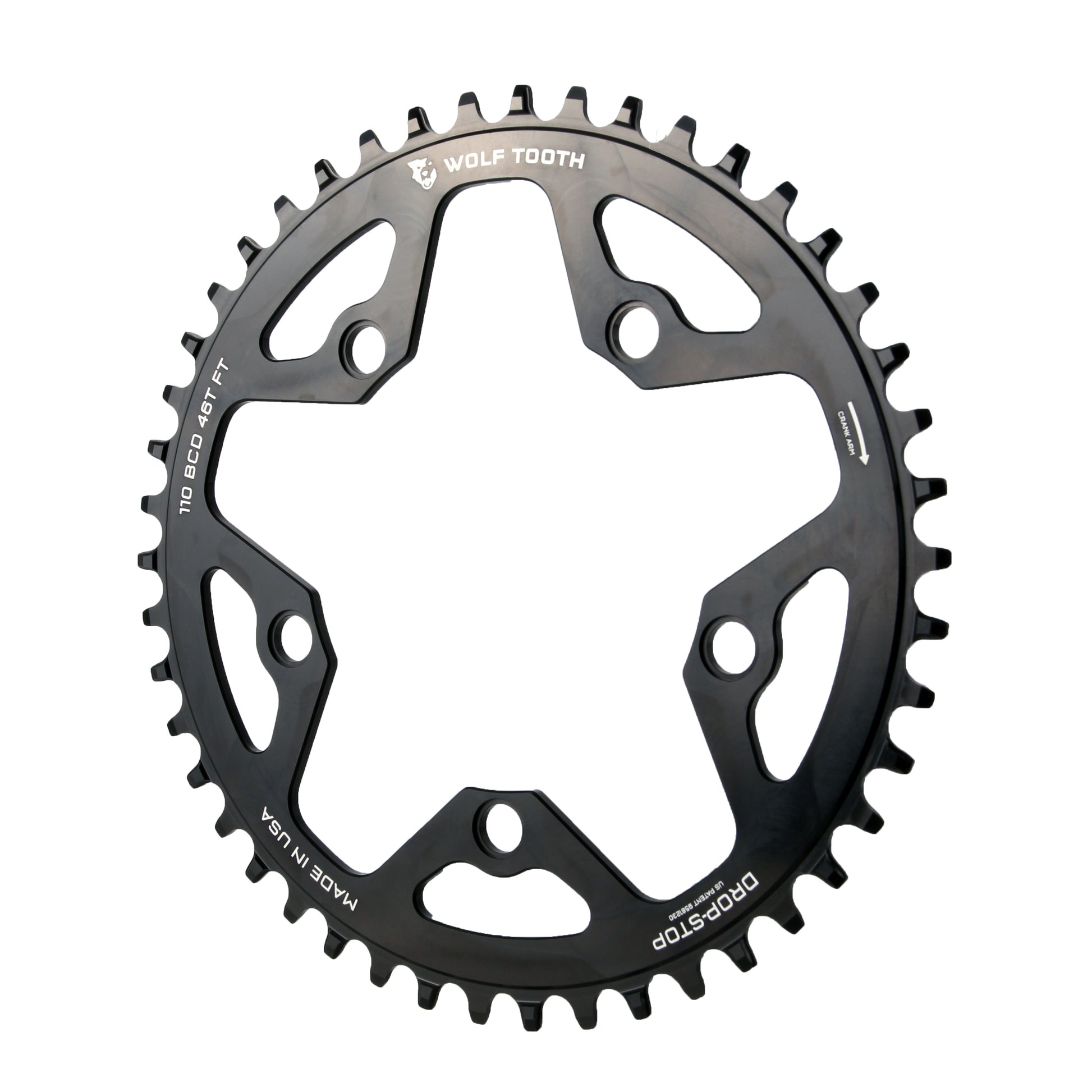 Wolf Tooth 110 BCD Cyclocross Road Chainring - 46t 110 BCD 5-Bolt Drop-Stop 10/11/12-Speed Eagle Flattop Compatible BLK - Bicycle Warehouse