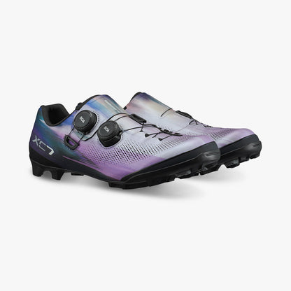 Iridescent purple cycling cleat shoe with perforated upper and two strap closures
