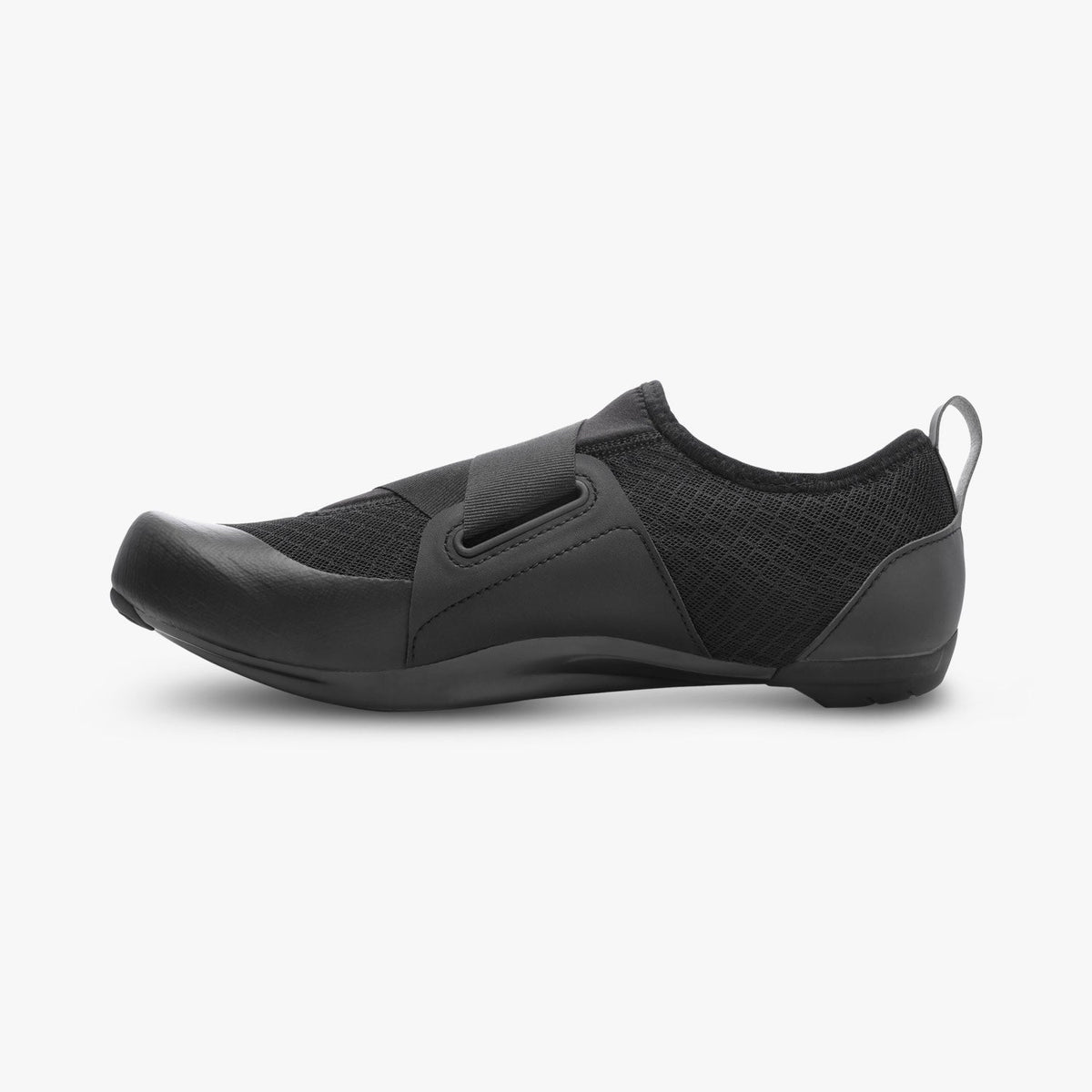Side view of a black Shimano women's cycling shoe with a hook-and-loop strap and heel loop