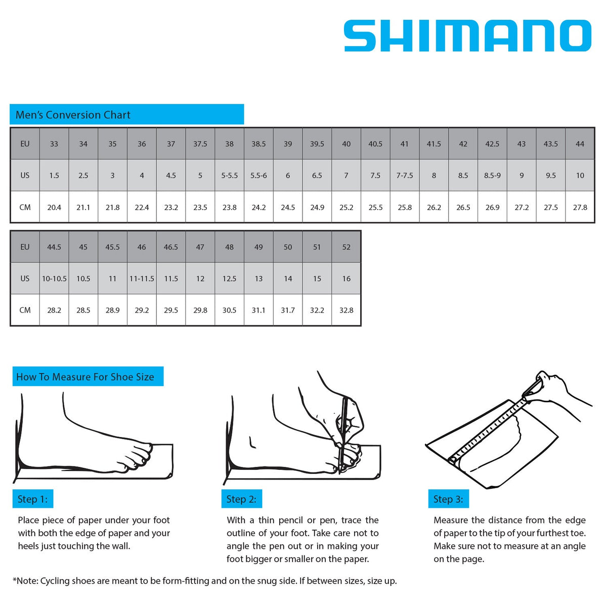 Men's shoe size conversion chart with measuring steps, Shimano