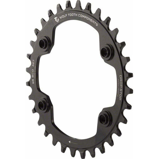 Wolf Tooth 96 BCD Chainring - 32t, 96 Asymmetric BCD, 4-Bolt, Drop-Stop, For Shimano XTR M9000 and M9020 Cranks, Black - Chainrings - Bicycle Warehouse