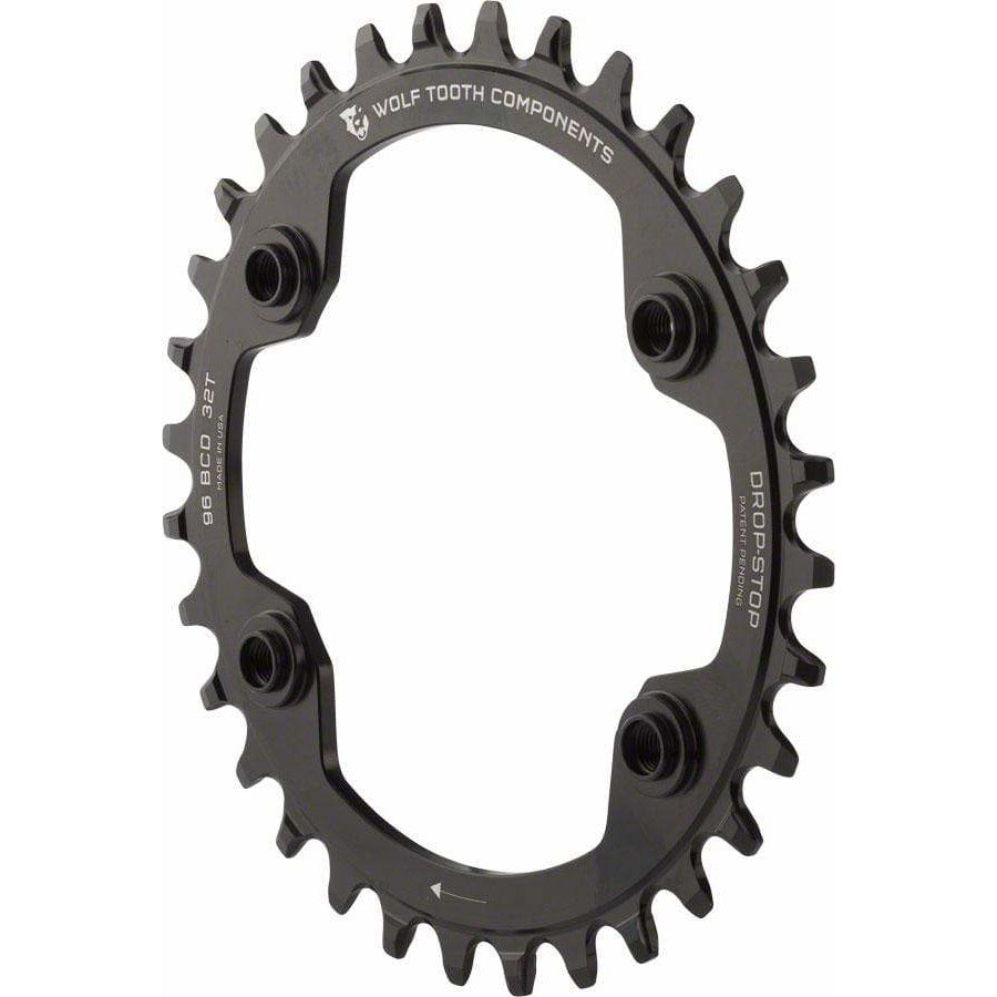 Wolf Tooth 96 BCD Chainring - 34t, 96 Asymmetric BCD, 4-Bolt, Drop-Stop, For Shimano XTR M9000 and M9020 Cranks, Black
